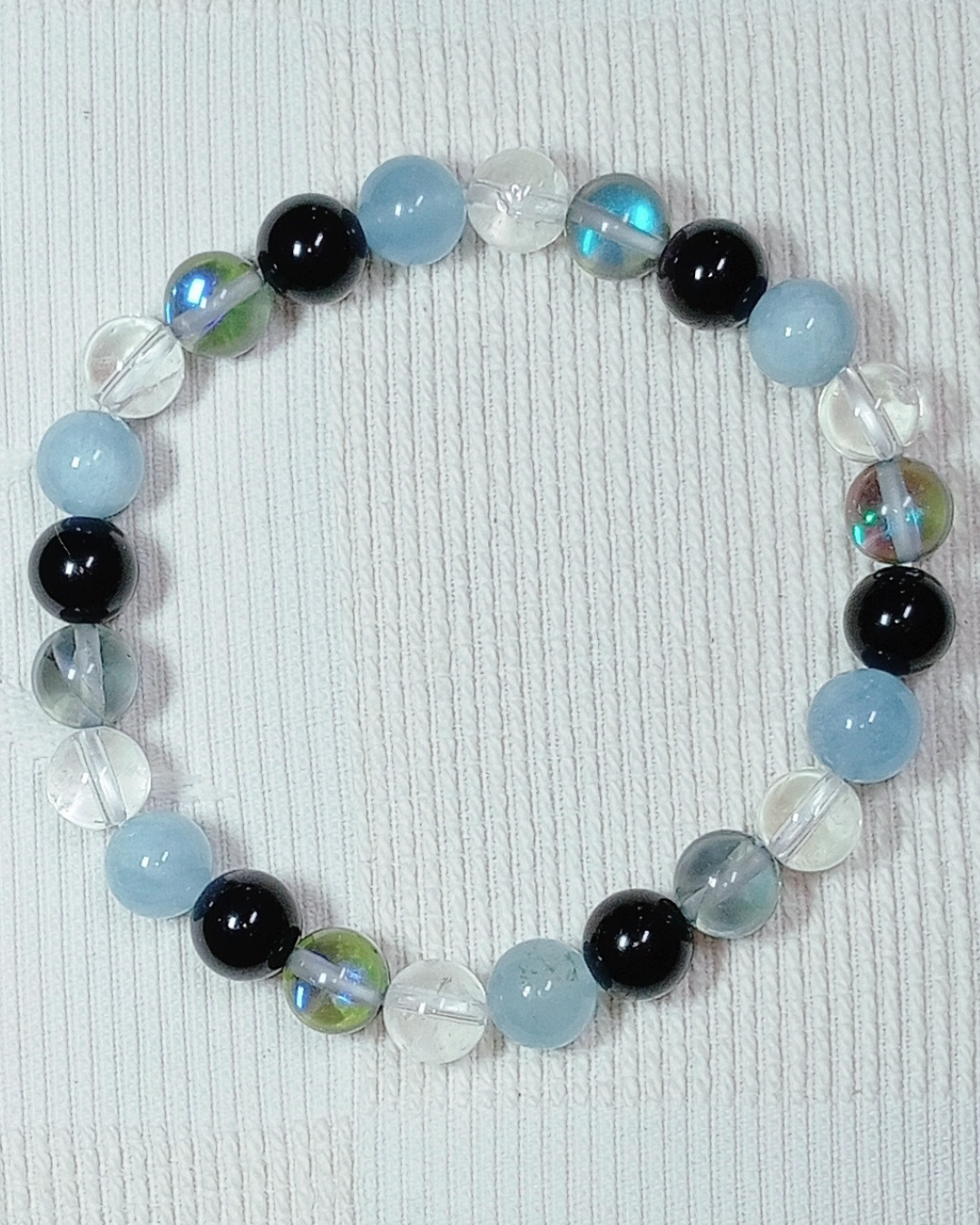 Bracelet en Aigue-marine, Cristal de roche, Obsidienne et Labradorite